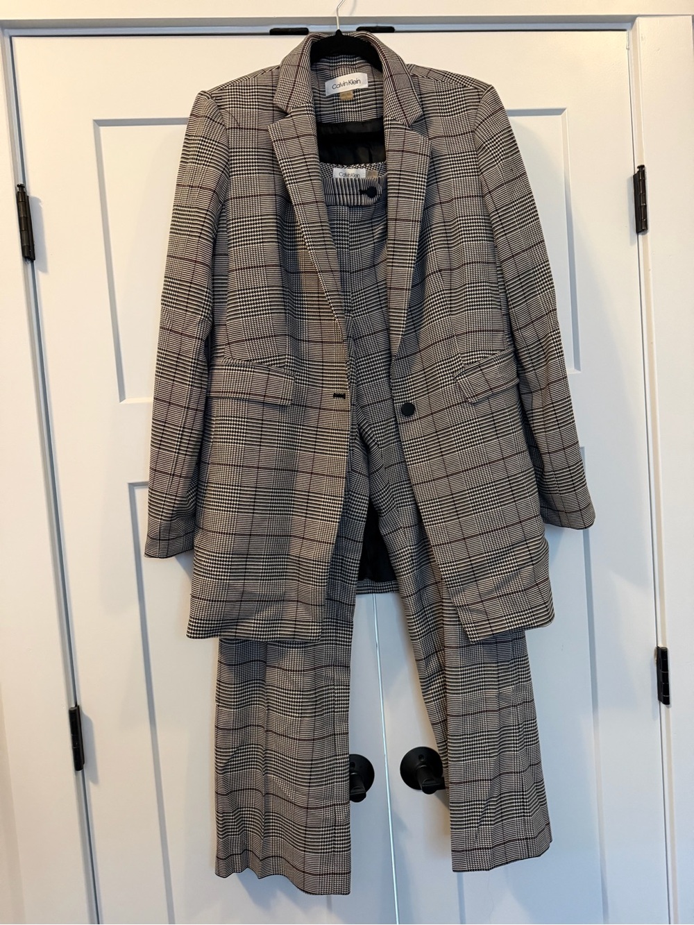 Calvin Klein Plaid Blazer Pants Suit Set Black Multi Size 12